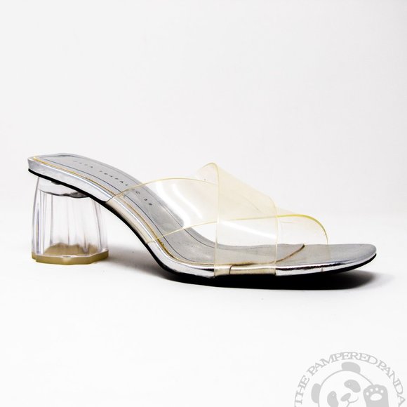 Zara Trafaluc Acrylic Block Heel Clear Silver Cross Strap Sandal Womens Size 38 - Picture 2 of 6